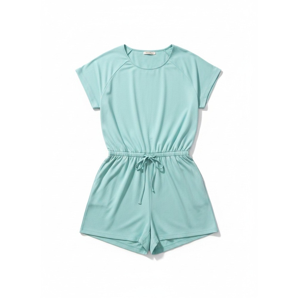 Just Be Mint Blue Short Sleeve Elastic Drawstring Waist Romper, Women's 2X